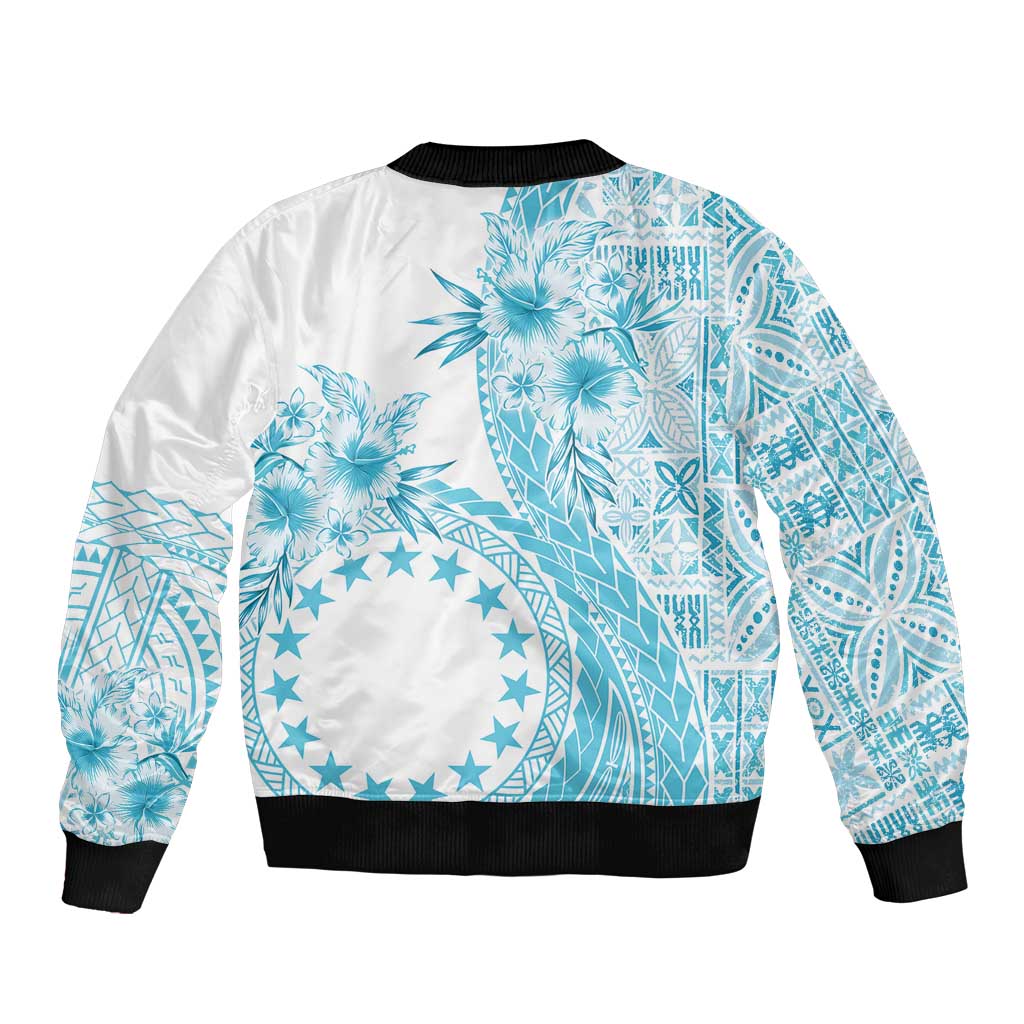 Kia Orana Cook Islands Sleeve Zip Bomber Jacket Tiare and Stars - Turquoise