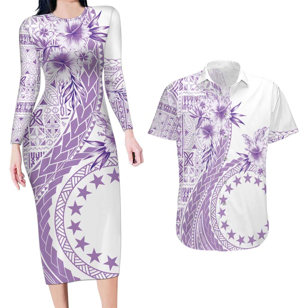 Kia Orana Cook Islands Couples Matching Long Sleeve Bodycon Dress and Hawaiian Shirt Tiare and Stars - Lavender