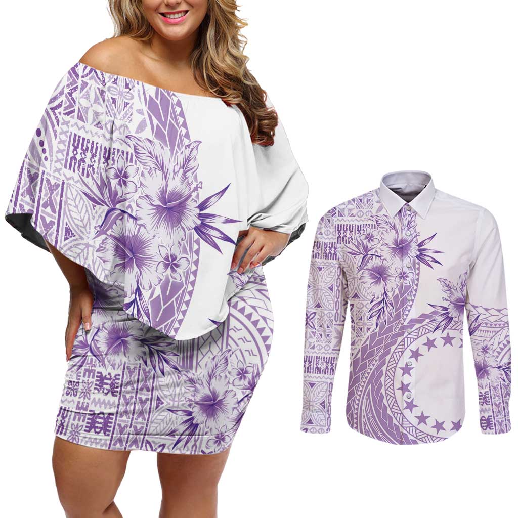 Kia Orana Cook Islands Couples Matching Off Shoulder Short Dress and Long Sleeve Button Shirt Tiare and Stars - Lavender LT7 Lavender - Polynesian Pride