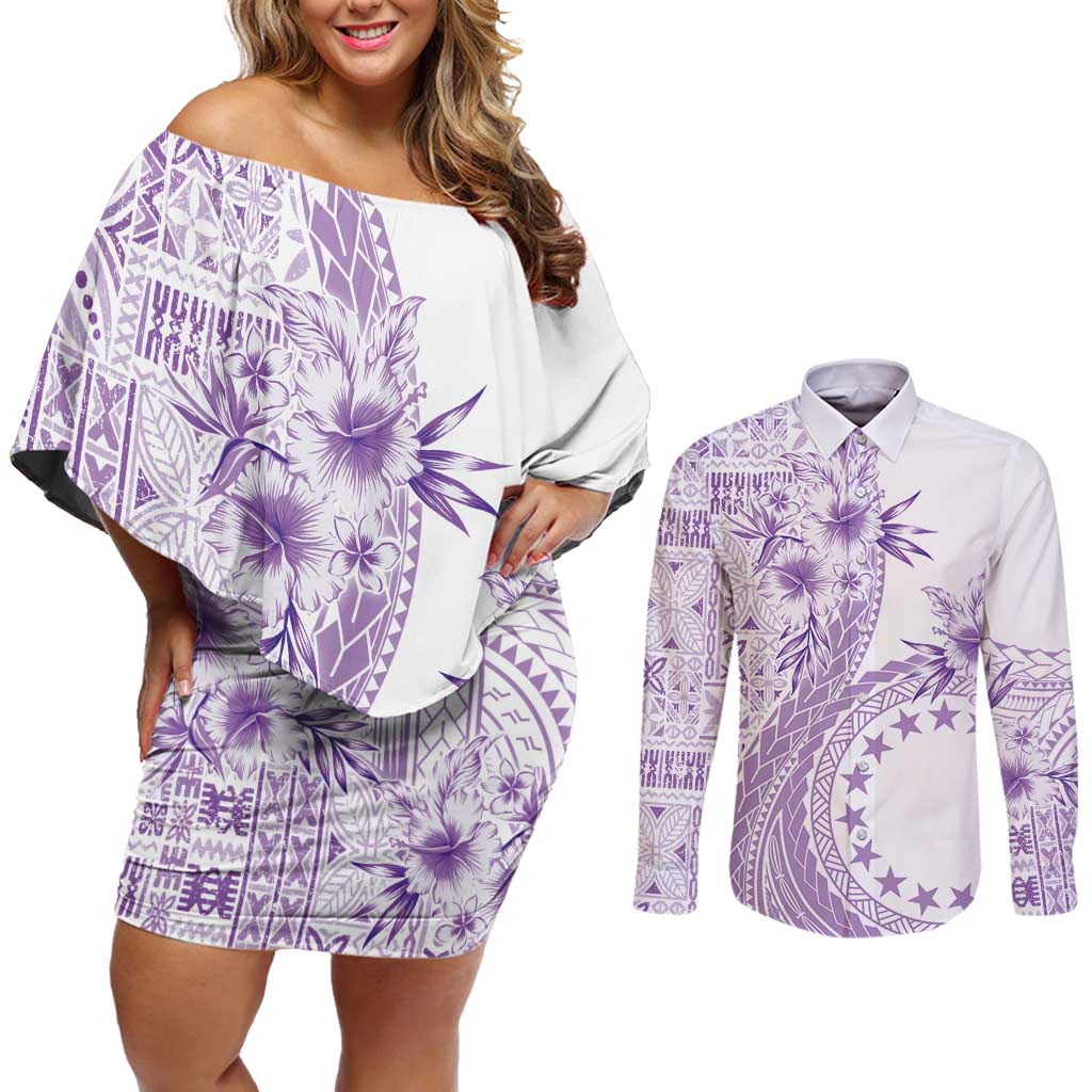 Kia Orana Cook Islands Couples Matching Off Shoulder Short Dress and Long Sleeve Button Shirt Tiare and Stars - Lavender