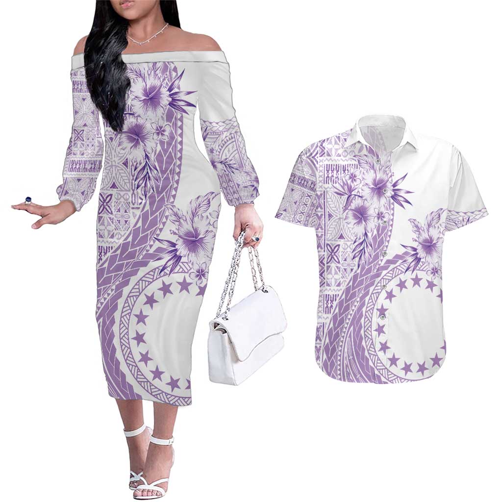 Kia Orana Cook Islands Couples Matching Off The Shoulder Long Sleeve Dress and Hawaiian Shirt Tiare and Stars - Lavender