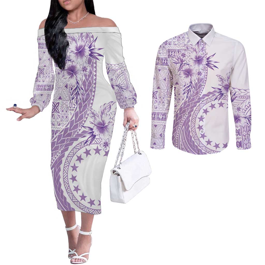 Kia Orana Cook Islands Couples Matching Off The Shoulder Long Sleeve Dress and Long Sleeve Button Shirt Tiare and Stars - Lavender