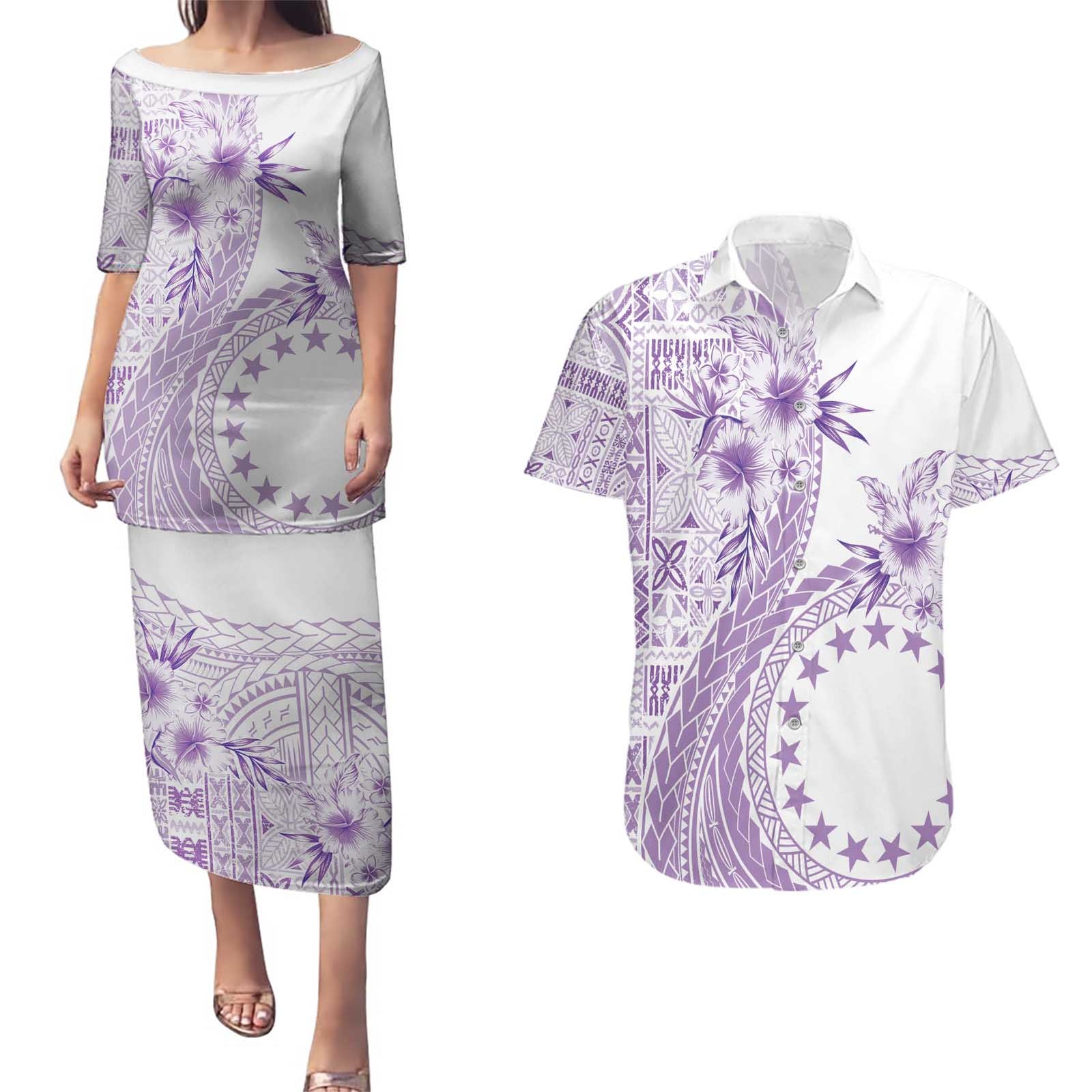Kia Orana Cook Islands Couples Matching Puletasi and Hawaiian Shirt Tiare and Stars - Lavender LT7 Lavender - Polynesian Pride
