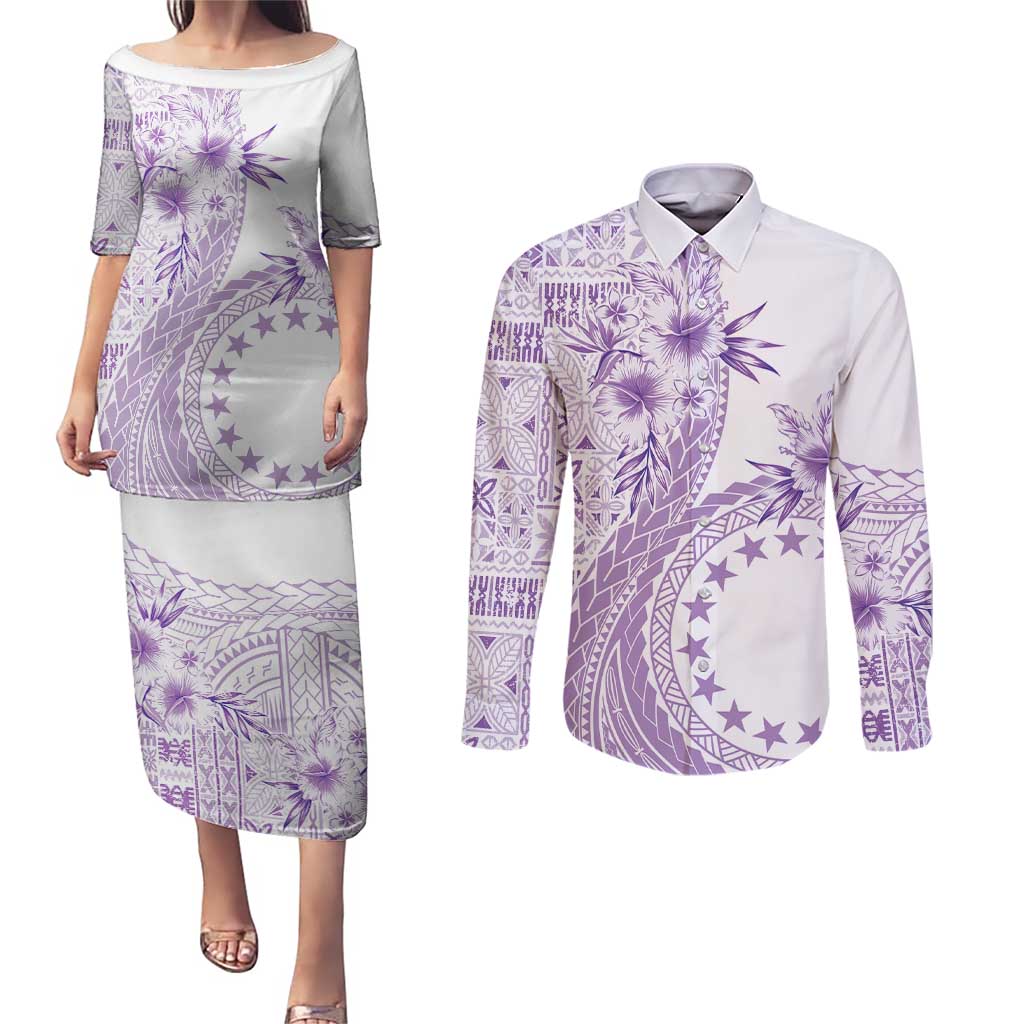 Kia Orana Cook Islands Couples Matching Puletasi and Long Sleeve Button Shirt Tiare and Stars - Lavender