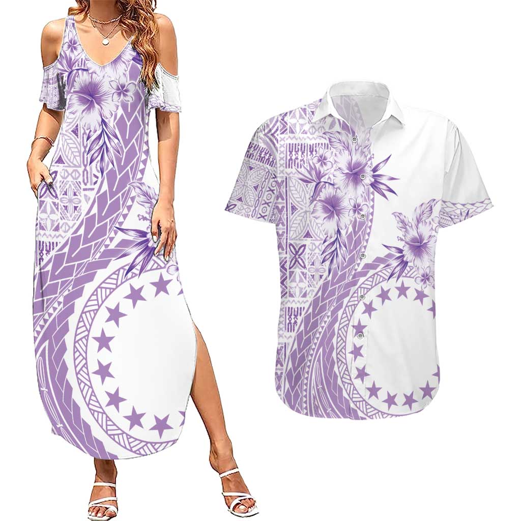 Kia Orana Cook Islands Couples Matching Summer Maxi Dress and Hawaiian Shirt Tiare and Stars - Lavender