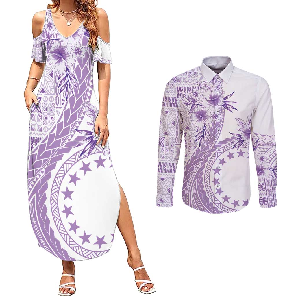 Kia Orana Cook Islands Couples Matching Summer Maxi Dress and Long Sleeve Button Shirt Tiare and Stars - Lavender