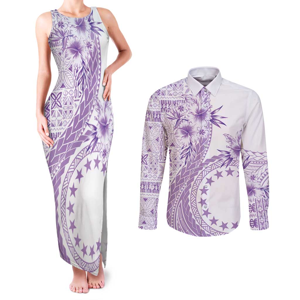 Kia Orana Cook Islands Couples Matching Tank Maxi Dress and Long Sleeve Button Shirt Tiare and Stars - Lavender LT7 Lavender - Polynesian Pride