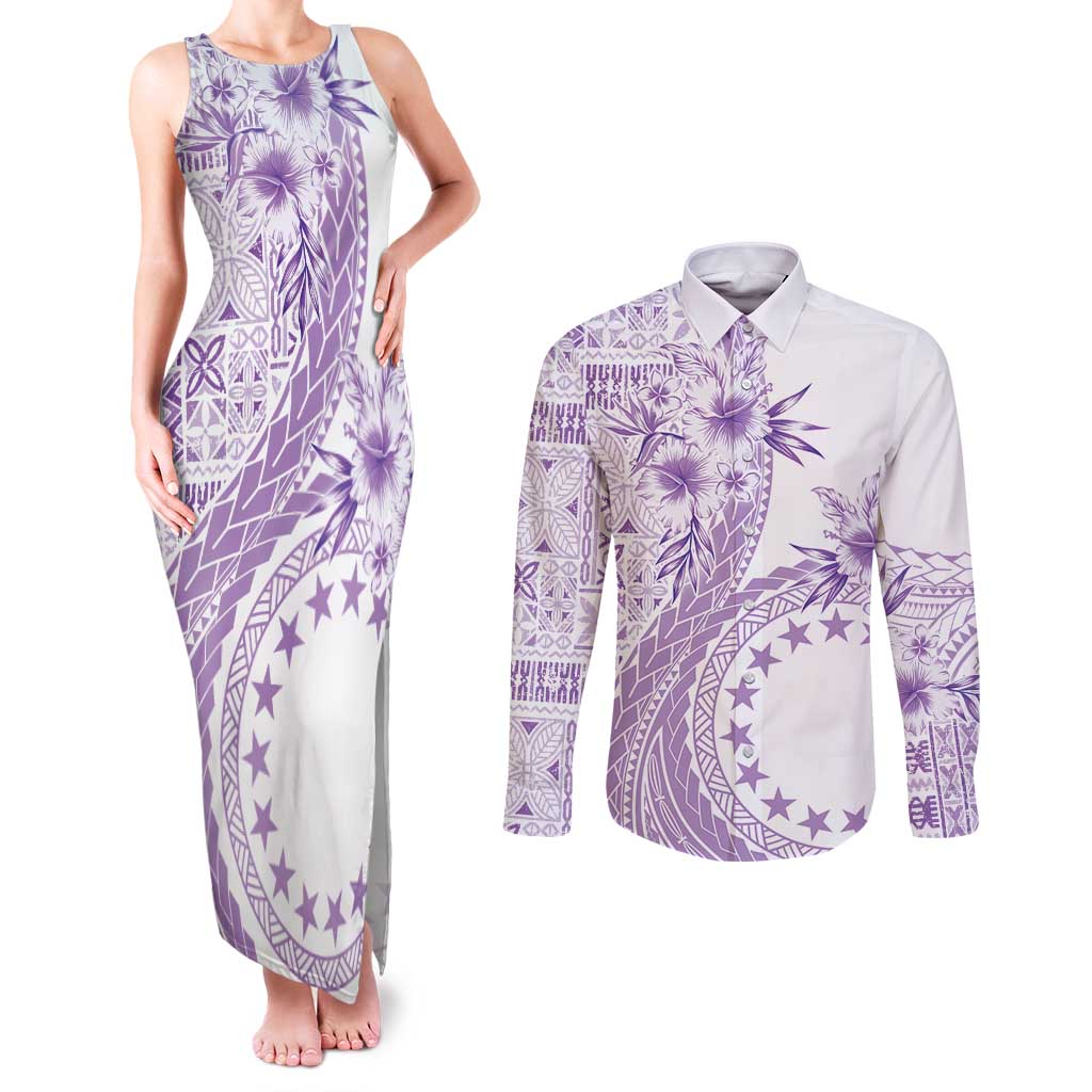 Kia Orana Cook Islands Couples Matching Tank Maxi Dress and Long Sleeve Button Shirt Tiare and Stars - Lavender