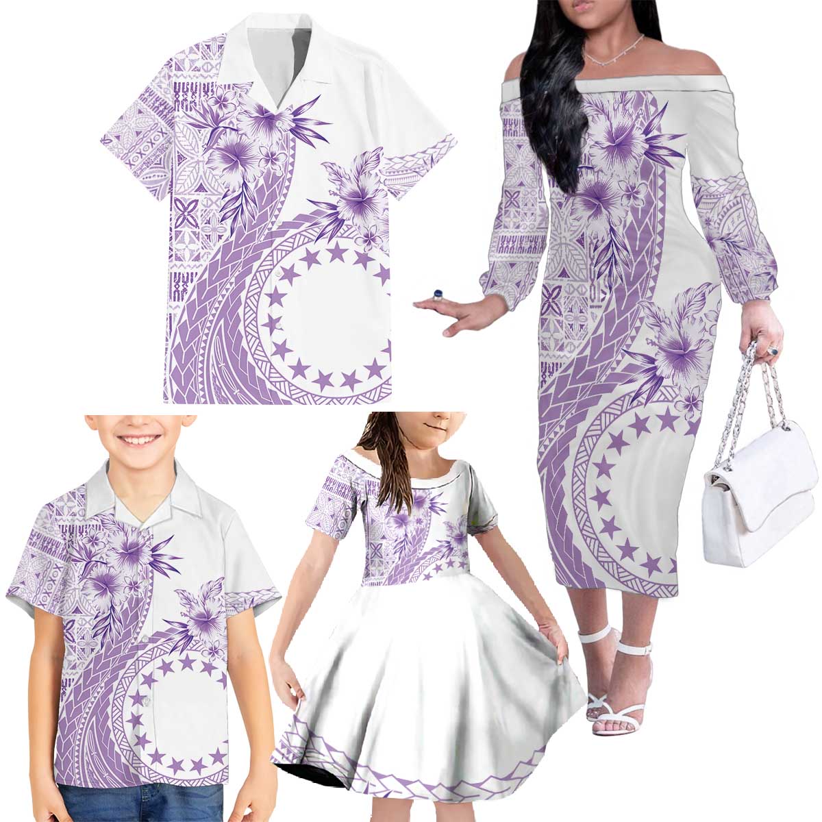 Kia Orana Cook Islands Family Matching Off The Shoulder Long Sleeve Dress and Hawaiian Shirt Tiare and Stars - Lavender