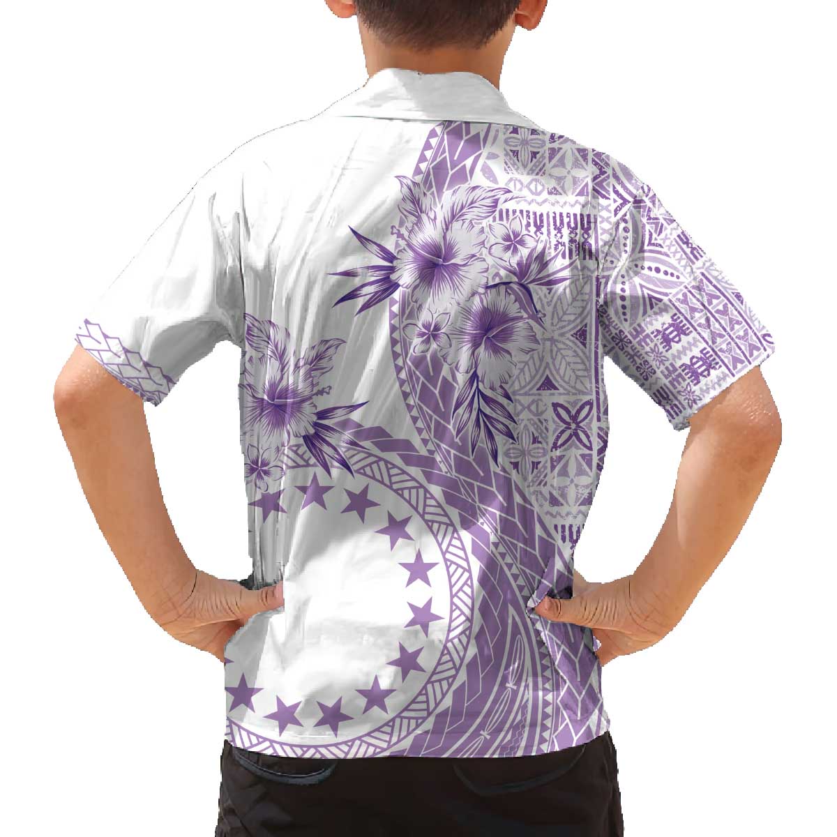 Kia Orana Cook Islands Family Matching Off Shoulder Short Dress and Hawaiian Shirt Tiare and Stars - Lavender