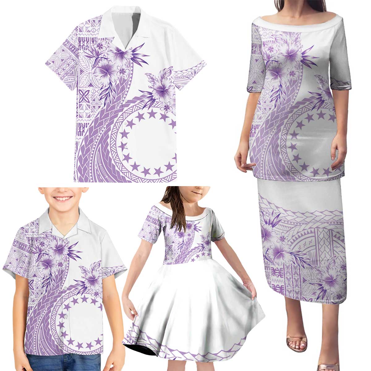 Kia Orana Cook Islands Family Matching Puletasi and Hawaiian Shirt Tiare and Stars - Lavender