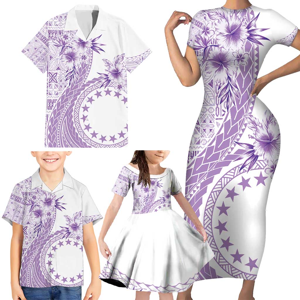 Kia Orana Cook Islands Family Matching Short Sleeve Bodycon Dress and Hawaiian Shirt Tiare and Stars - Lavender