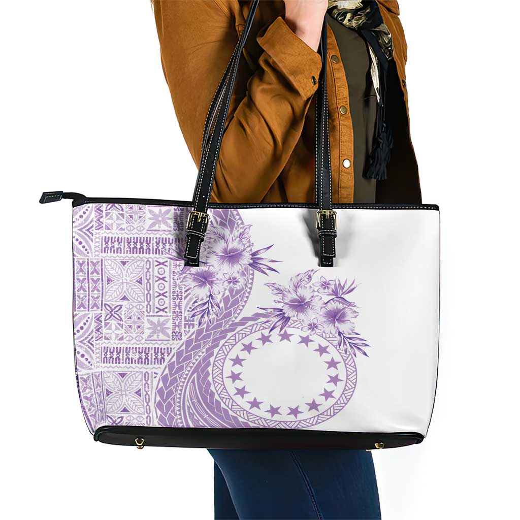 Kia Orana Cook Islands Leather Tote Bag Tiare and Stars - Lavender LT7 - Polynesian Pride