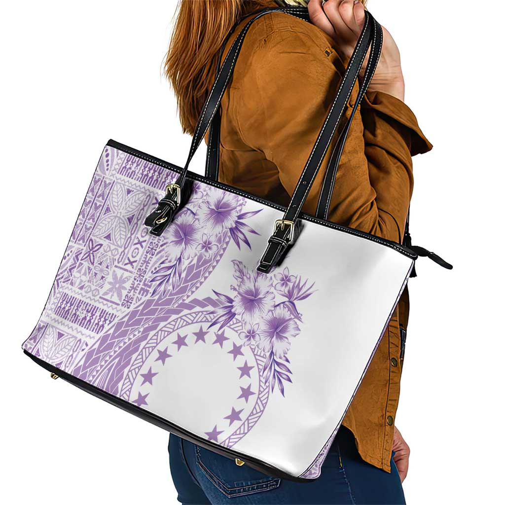 Kia Orana Cook Islands Leather Tote Bag Tiare and Stars - Lavender LT7 - Polynesian Pride