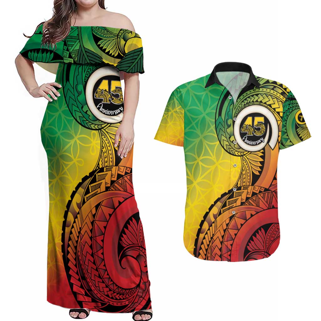 Vanuatu 45th Independence Anniversary Couples Matching Off Shoulder Maxi Dress and Hawaiian Shirt Ni-Van Sandroing - Polynesian Pride