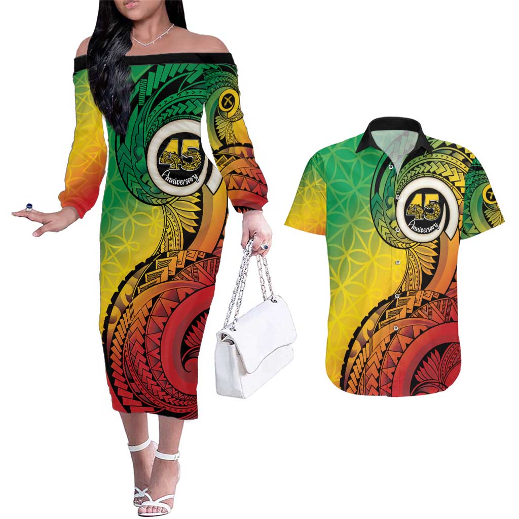 Vanuatu 45th Independence Anniversary Couples Matching Off The Shoulder Long Sleeve Dress and Hawaiian Shirt Ni-Van Sandroing - Polynesian Pride