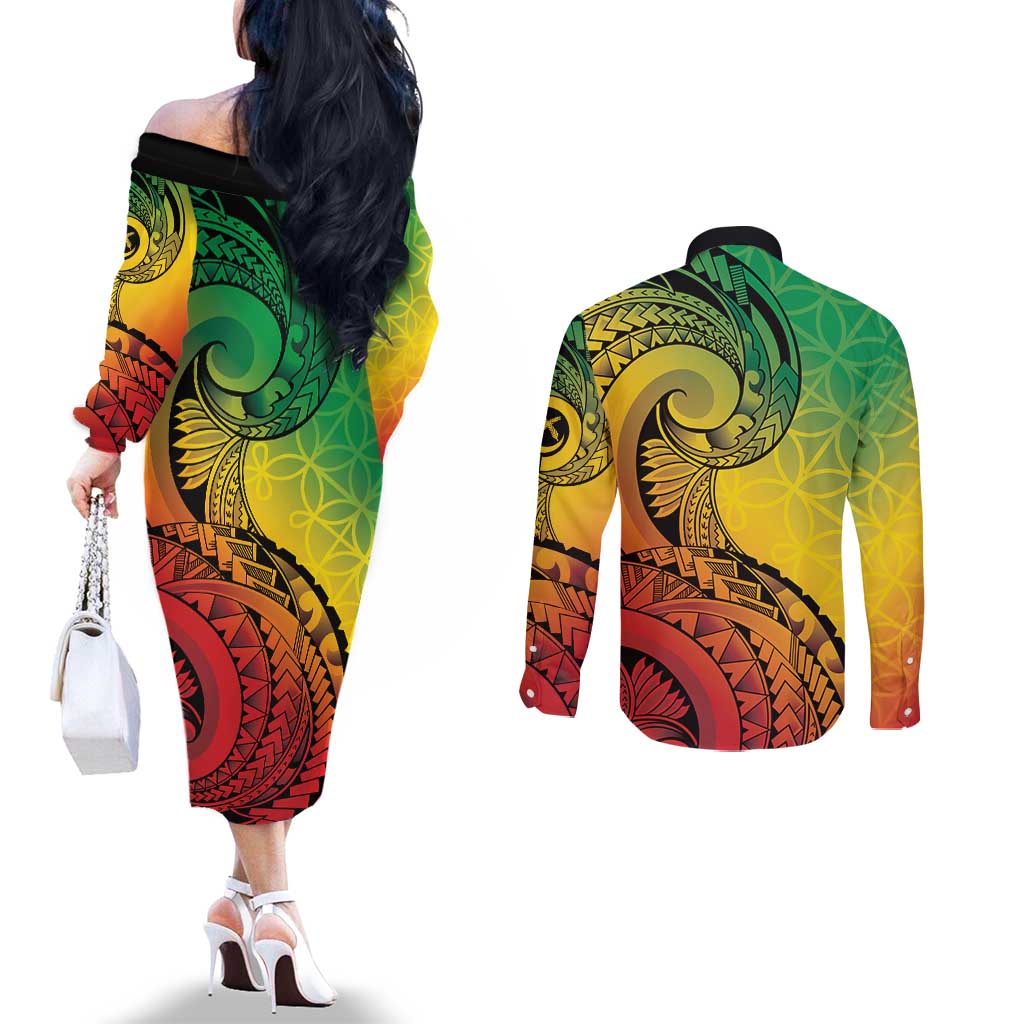 Vanuatu 45th Independence Anniversary Couples Matching Off The Shoulder Long Sleeve Dress and Long Sleeve Button Shirt Ni-Van Sandroing LT7 - Polynesian Pride