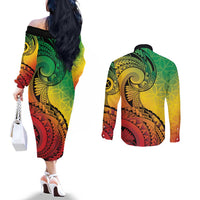 Vanuatu 45th Independence Anniversary Couples Matching Off The Shoulder Long Sleeve Dress and Long Sleeve Button Shirt Ni-Van Sandroing LT7 - Polynesian Pride