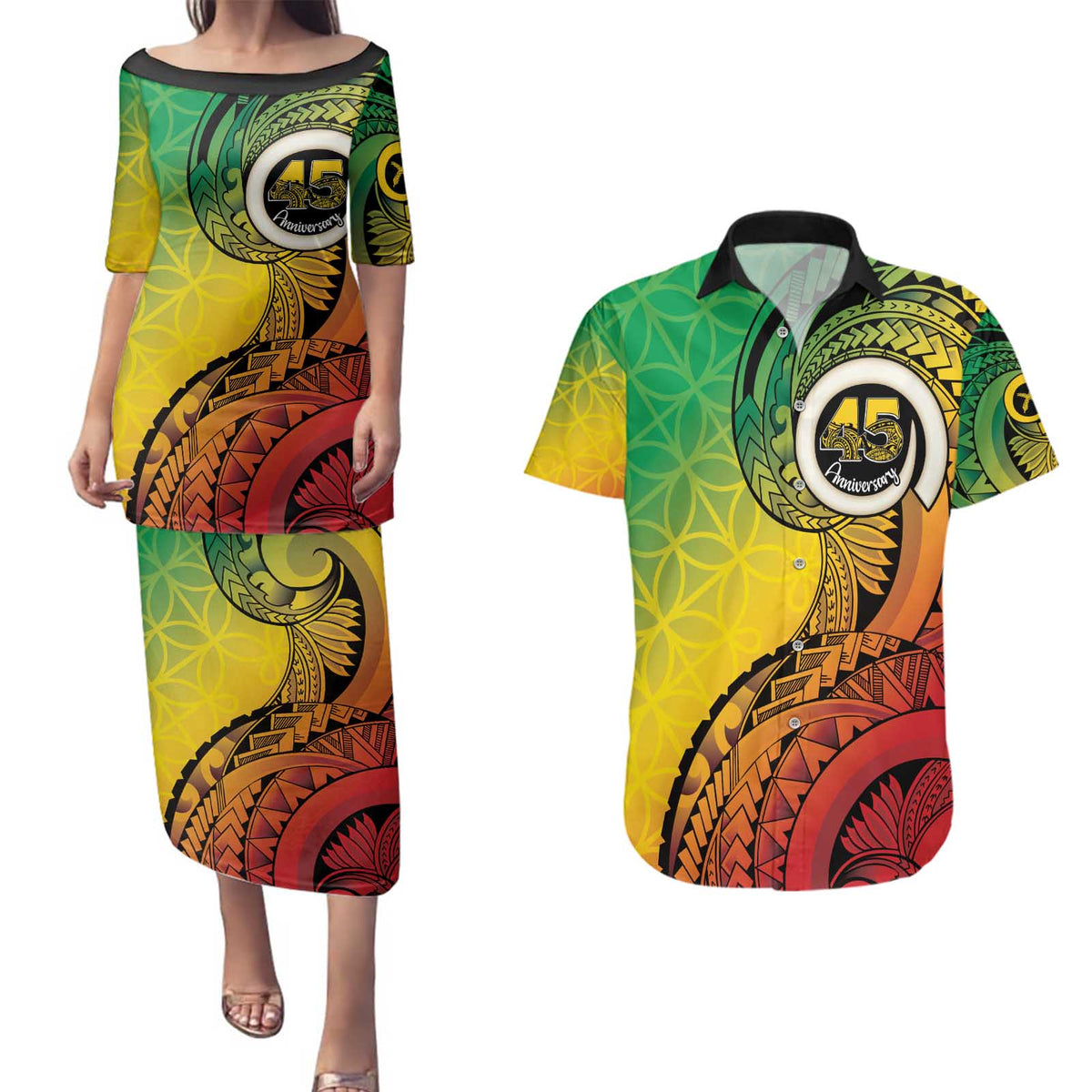 Vanuatu 45th Independence Anniversary Couples Matching Puletasi and Hawaiian Shirt Ni-Van Sandroing LT7 Colorful - Polynesian Pride