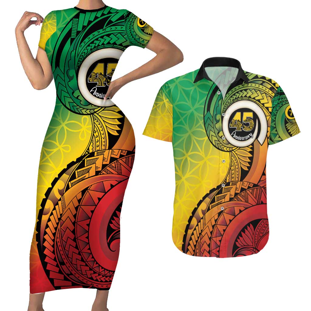 Vanuatu 45th Independence Anniversary Couples Matching Short Sleeve Bodycon Dress and Hawaiian Shirt Ni-Van Sandroing - Polynesian Pride