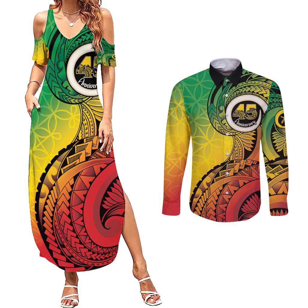 Vanuatu 45th Independence Anniversary Couples Matching Summer Maxi Dress and Long Sleeve Button Shirt Ni-Van Sandroing LT7 Colorful - Polynesian Pride