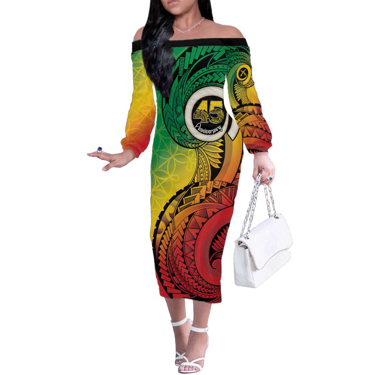 Vanuatu 45th Independence Anniversary Family Matching Off The Shoulder Long Sleeve Dress and Hawaiian Shirt Ni-Van Sandroing - Polynesian Pride
