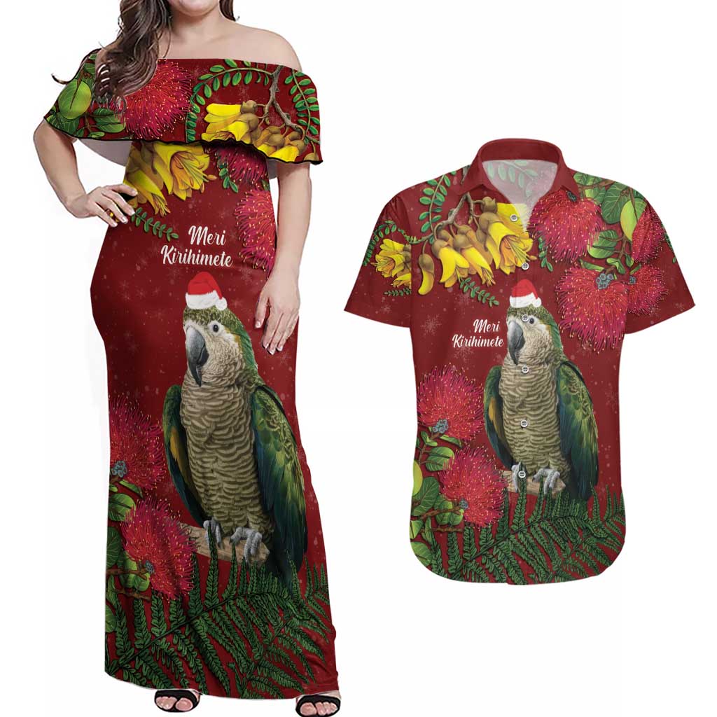 Kakapo Bird New Zealand Couples Matching Off Shoulder Maxi Dress and Hawaiian Shirt Floral Christmas