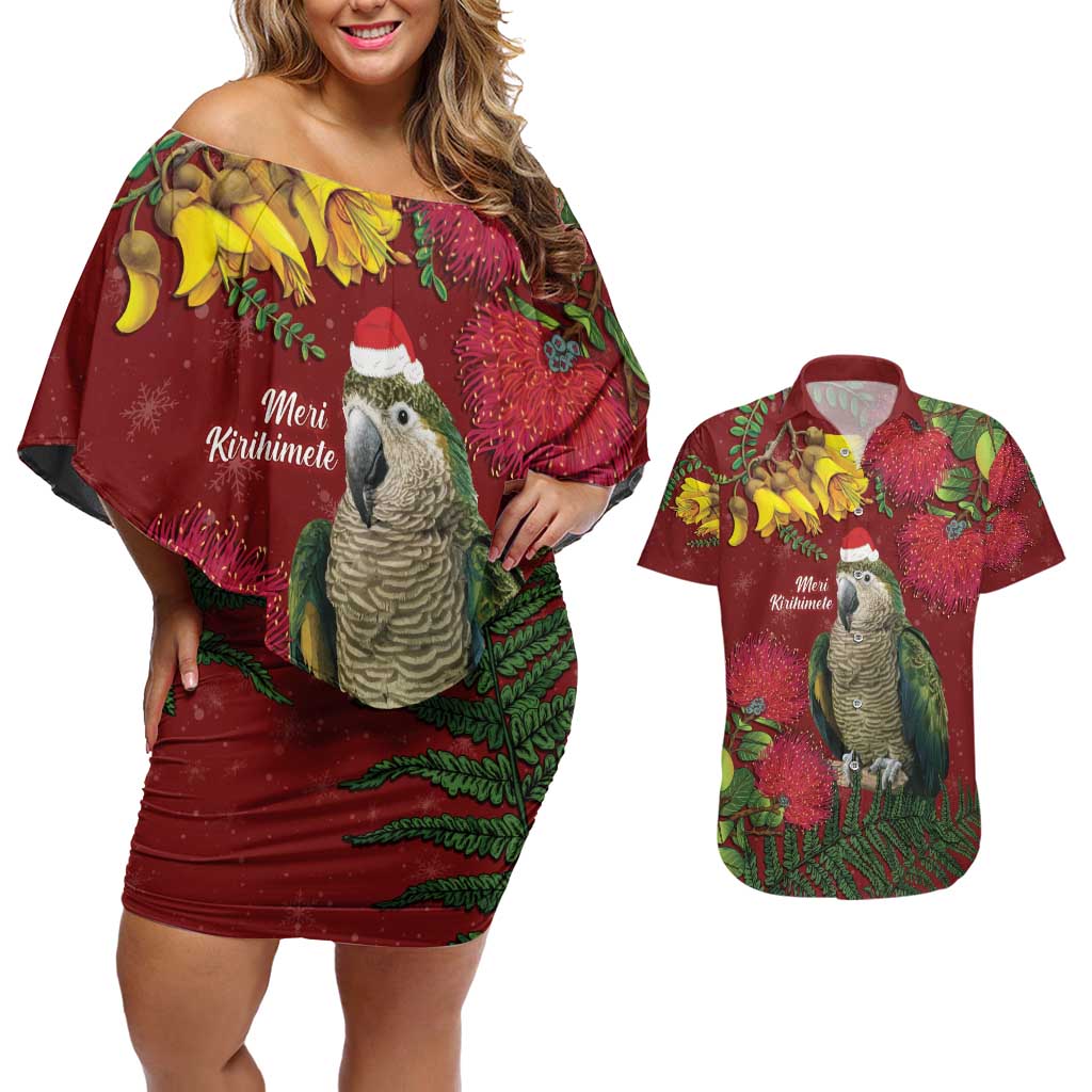 Kakapo Bird New Zealand Couples Matching Off Shoulder Short Dress and Hawaiian Shirt Floral Christmas