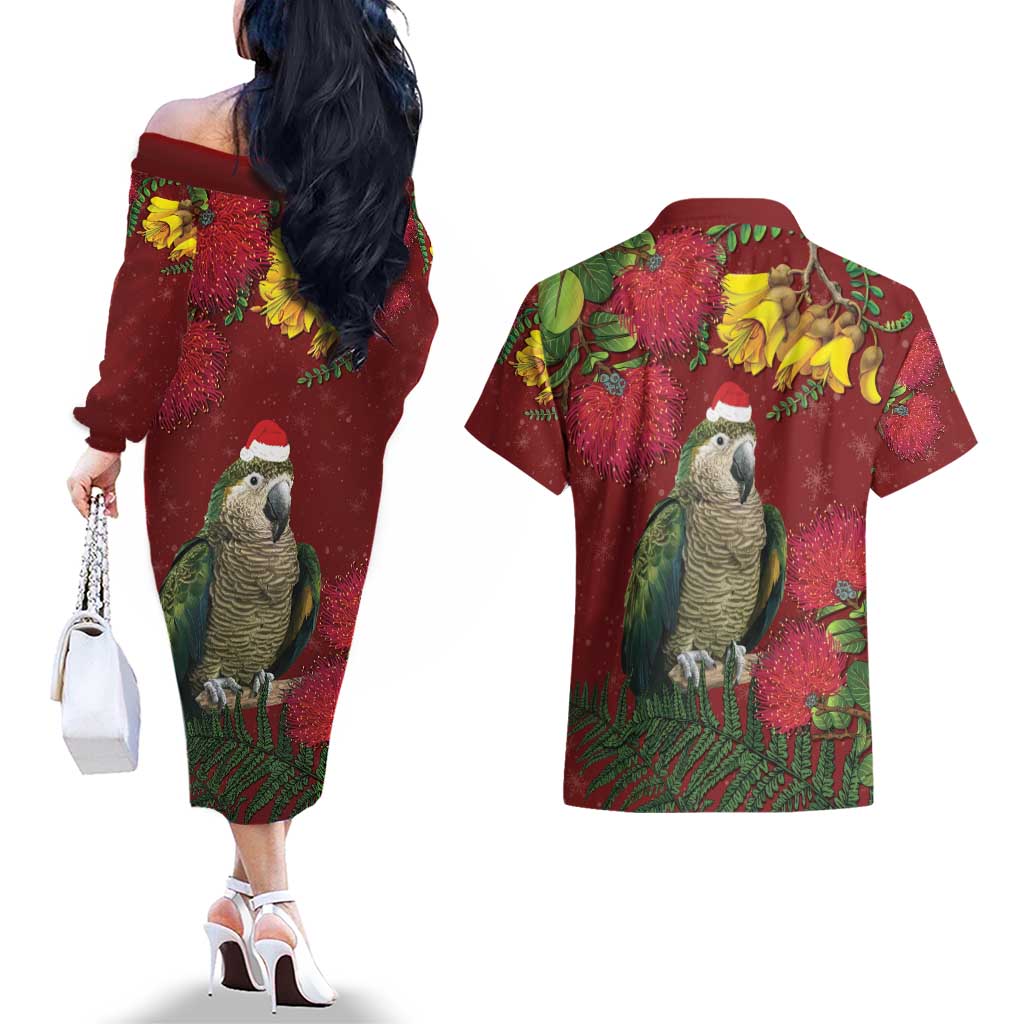 Kakapo Bird New Zealand Couples Matching Off The Shoulder Long Sleeve Dress and Hawaiian Shirt Floral Christmas
