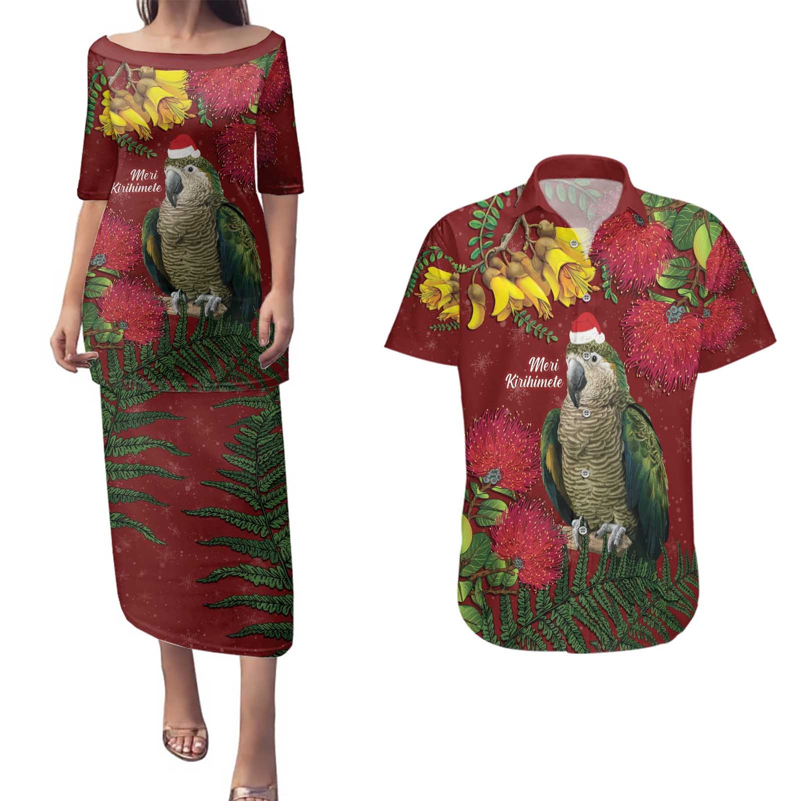 Kakapo Bird New Zealand Couples Matching Puletasi and Hawaiian Shirt Floral Christmas