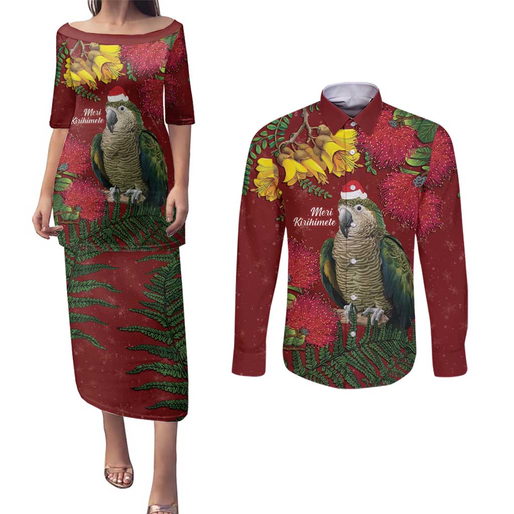 Kakapo Bird New Zealand Couples Matching Puletasi and Long Sleeve Button Shirt Floral Christmas
