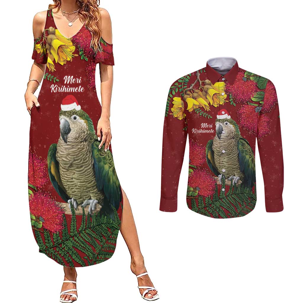 Kakapo Bird New Zealand Couples Matching Summer Maxi Dress and Long Sleeve Button Shirt Floral Christmas LT7 Red - Polynesian Pride