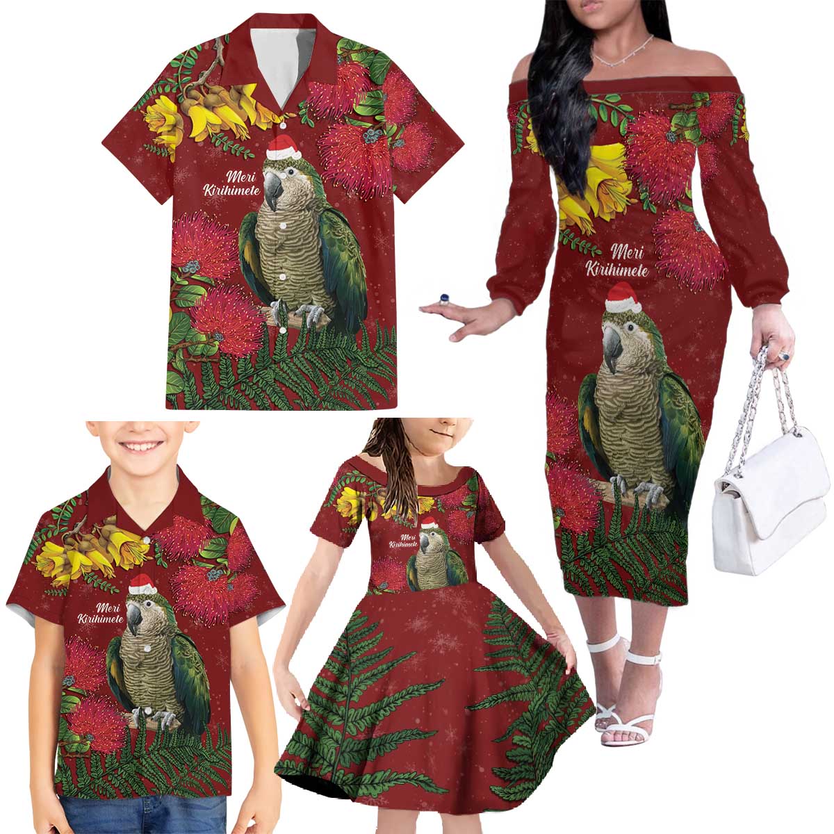 Kakapo Bird New Zealand Family Matching Off The Shoulder Long Sleeve Dress and Hawaiian Shirt Floral Christmas