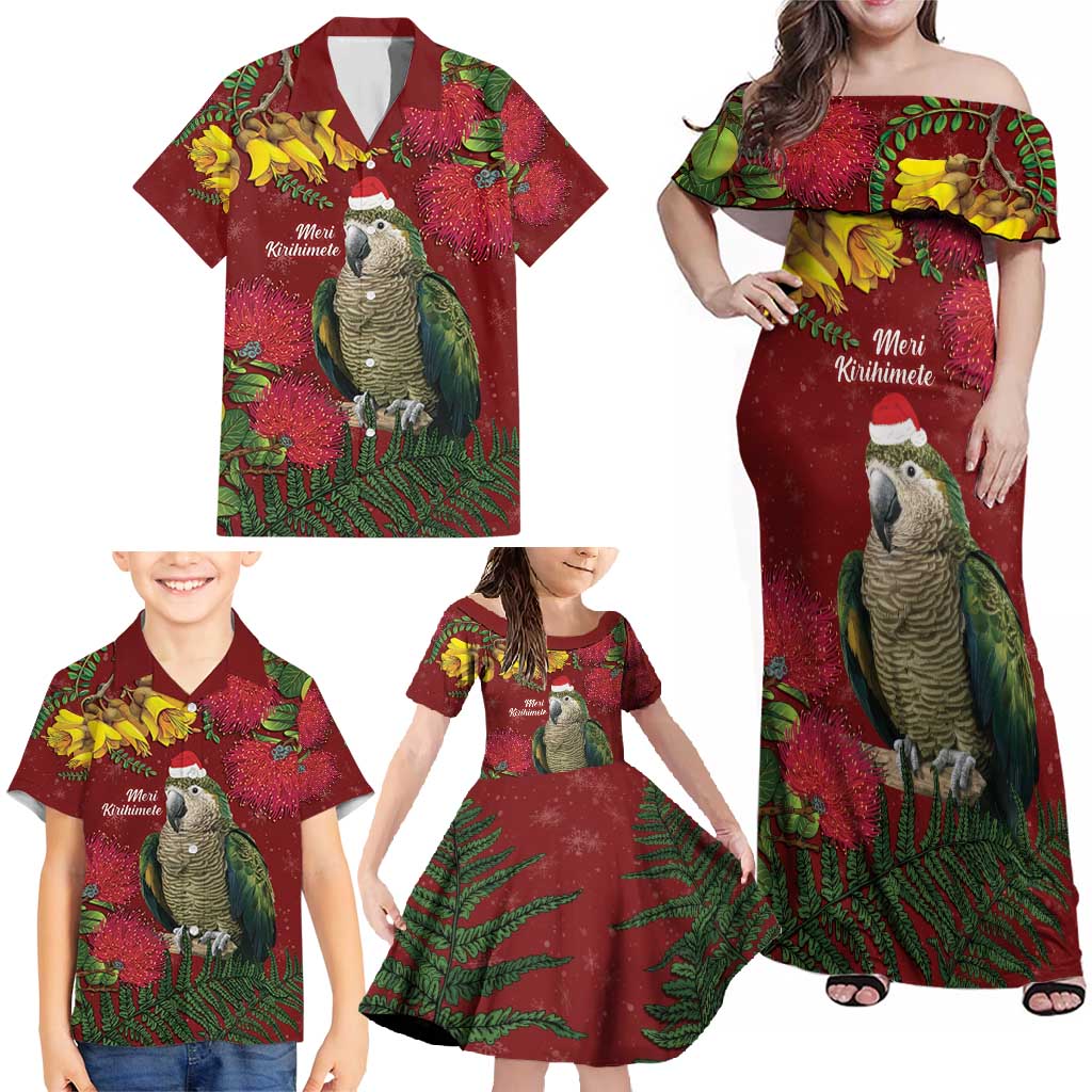 Kakapo Bird New Zealand Family Matching Off Shoulder Maxi Dress and Hawaiian Shirt Floral Christmas