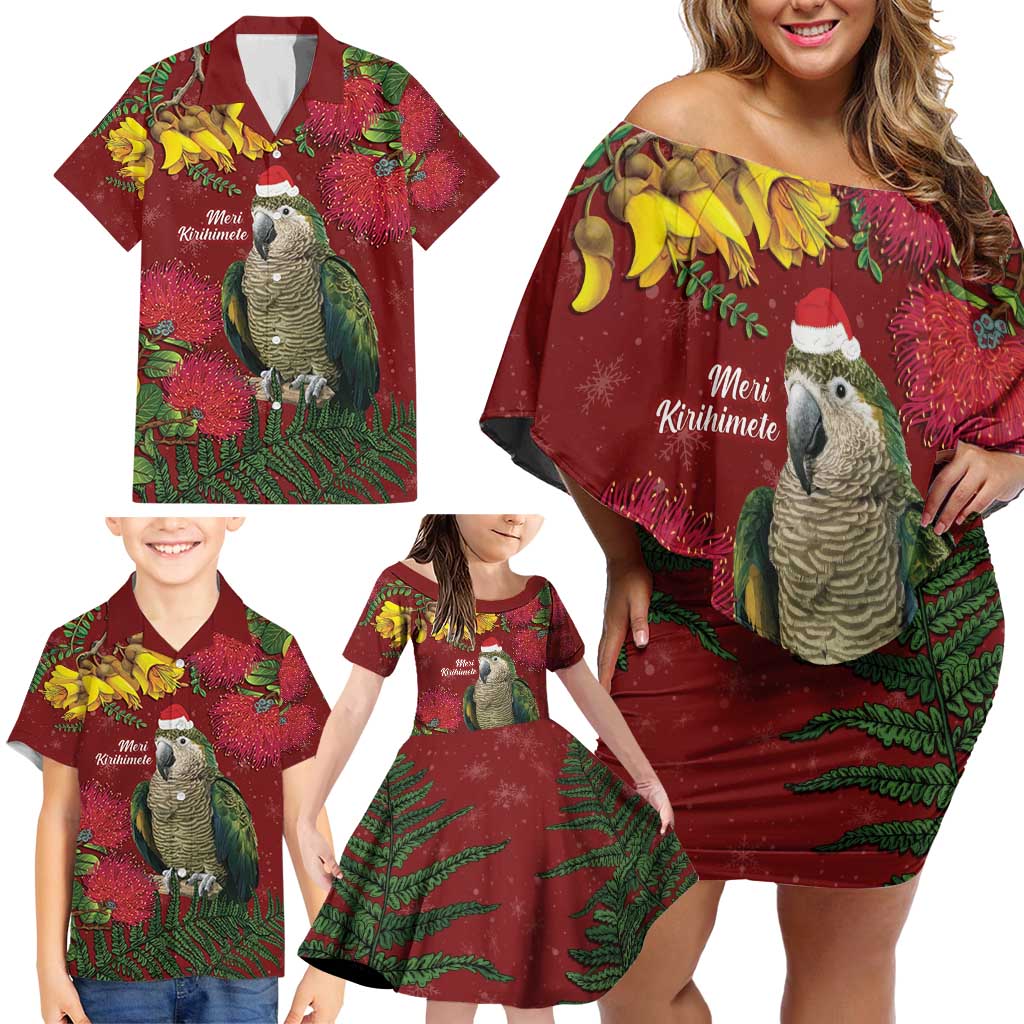 Kakapo Bird New Zealand Family Matching Off Shoulder Short Dress and Hawaiian Shirt Floral Christmas