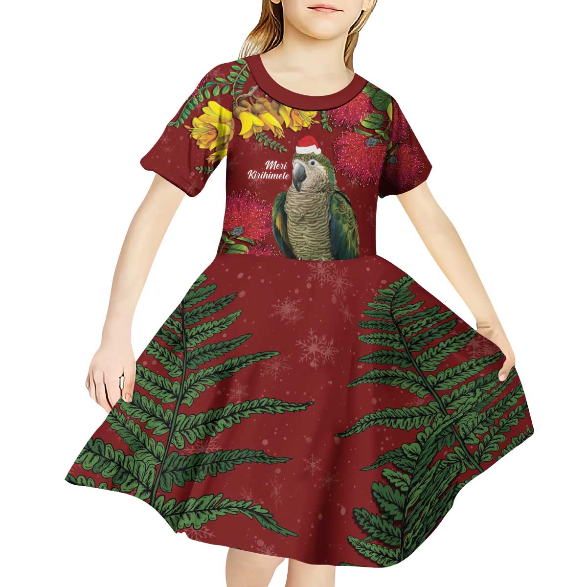 Kakapo Bird New Zealand Kid Short Sleeve Dress Floral Christmas
