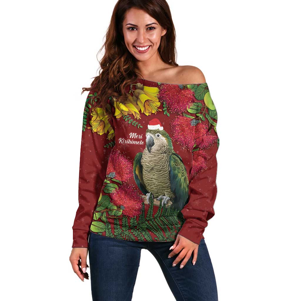 Kakapo Bird New Zealand Off Shoulder Sweater Floral Christmas