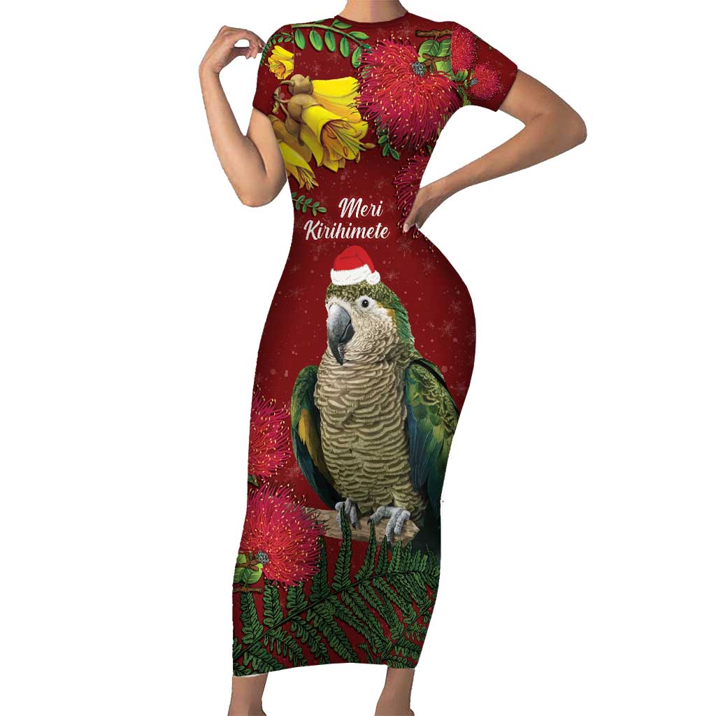 Kakapo Bird New Zealand Short Sleeve Bodycon Dress Floral Christmas