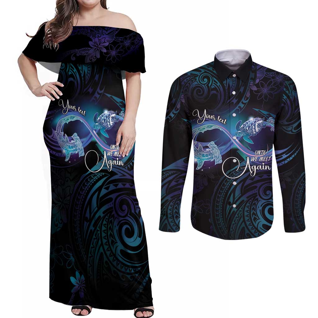 Polynesian Personalized Memorial Couples Matching Off Shoulder Maxi Dress and Long Sleeve Button Shirt Oceanic Infinity Symbol - Until We Meet Again LT7 Black - Polynesian Pride