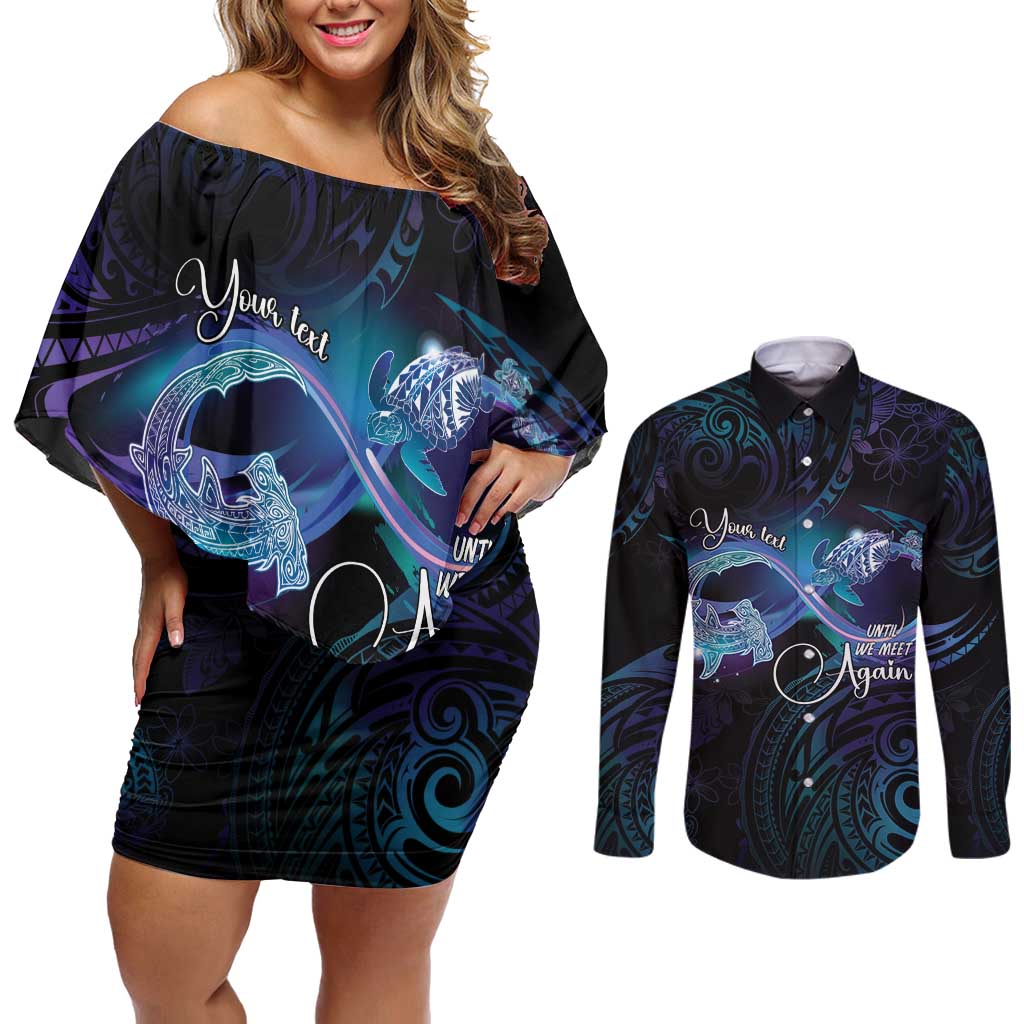 Polynesian Personalized Memorial Couples Matching Off Shoulder Short Dress and Long Sleeve Button Shirt Oceanic Infinity Symbol - Until We Meet Again LT7 Black - Polynesian Pride