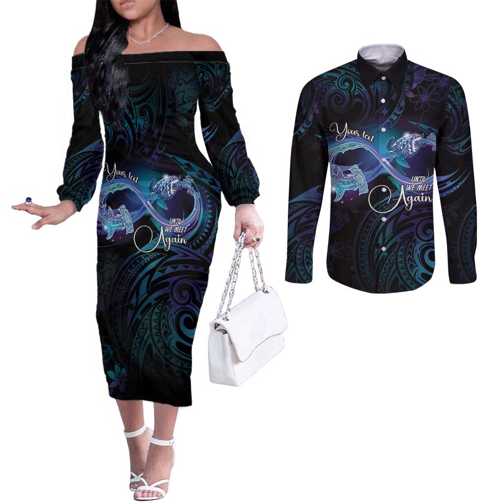 Polynesian Personalized Memorial Couples Matching Off The Shoulder Long Sleeve Dress and Long Sleeve Button Shirt Oceanic Infinity Symbol - Until We Meet Again LT7 Black - Polynesian Pride