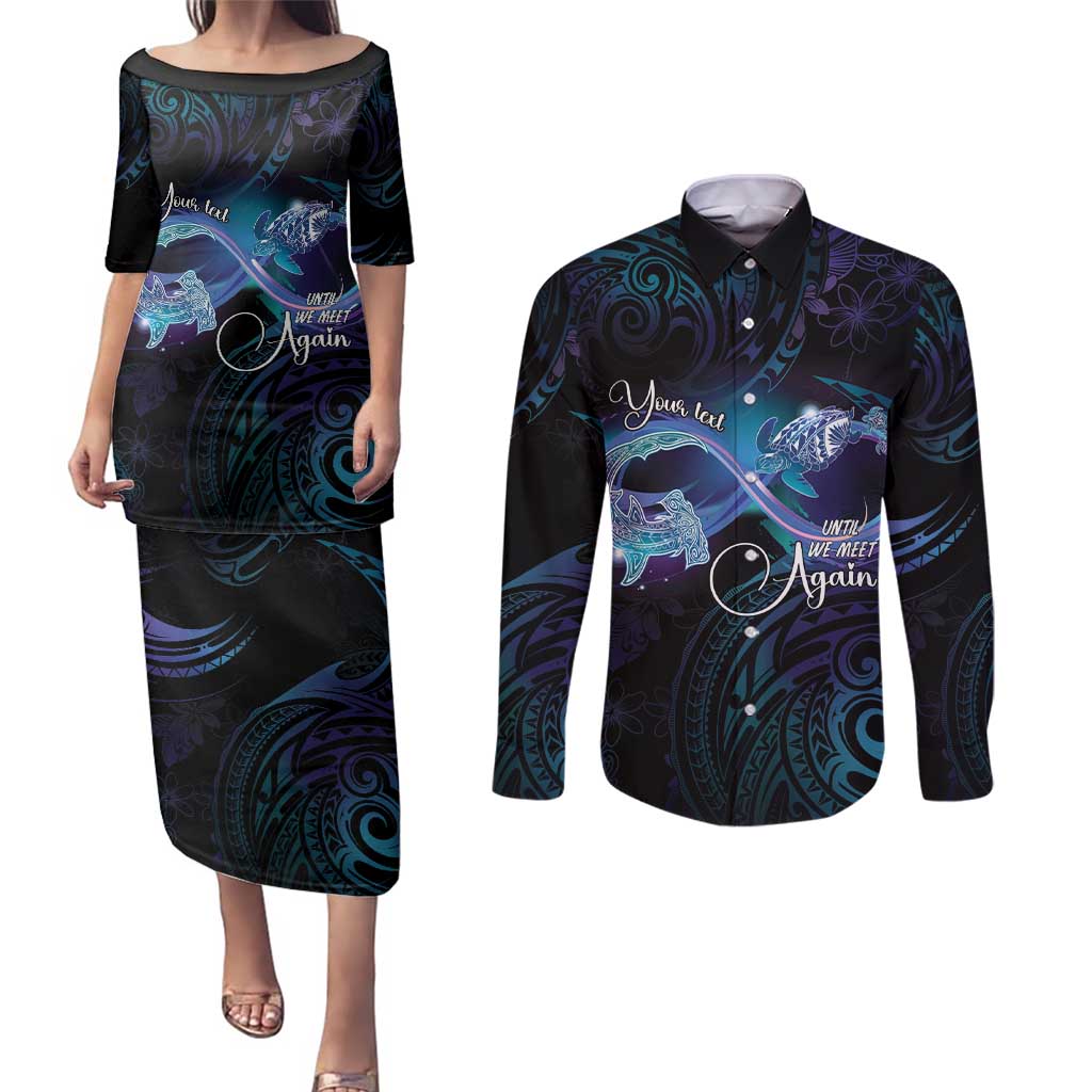 Polynesian Personalized Memorial Couples Matching Puletasi and Long Sleeve Button Shirt Oceanic Infinity Symbol - Until We Meet Again LT7 Black - Polynesian Pride
