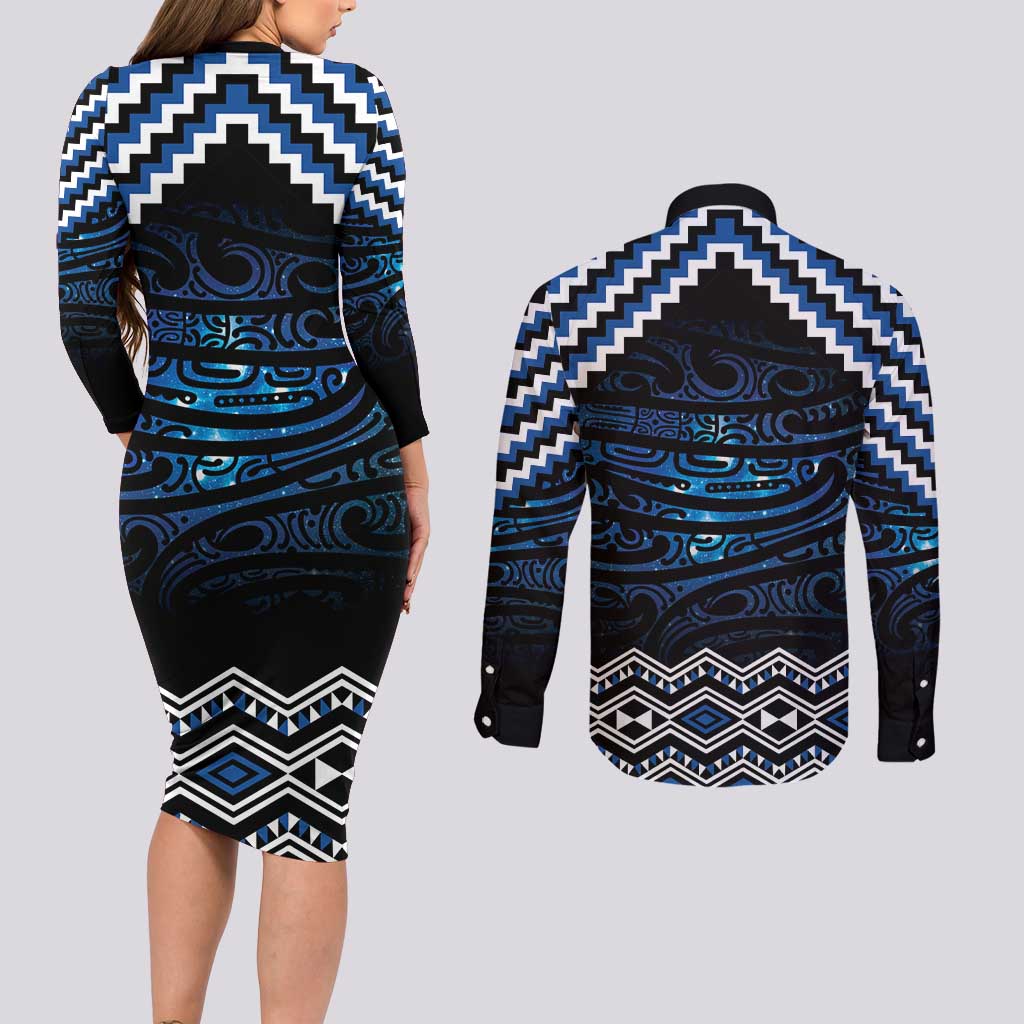 New Zealand Matariki Couples Matching Long Sleeve Bodycon Dress and Long Sleeve Button Shirt Galaxy Styled Taniko