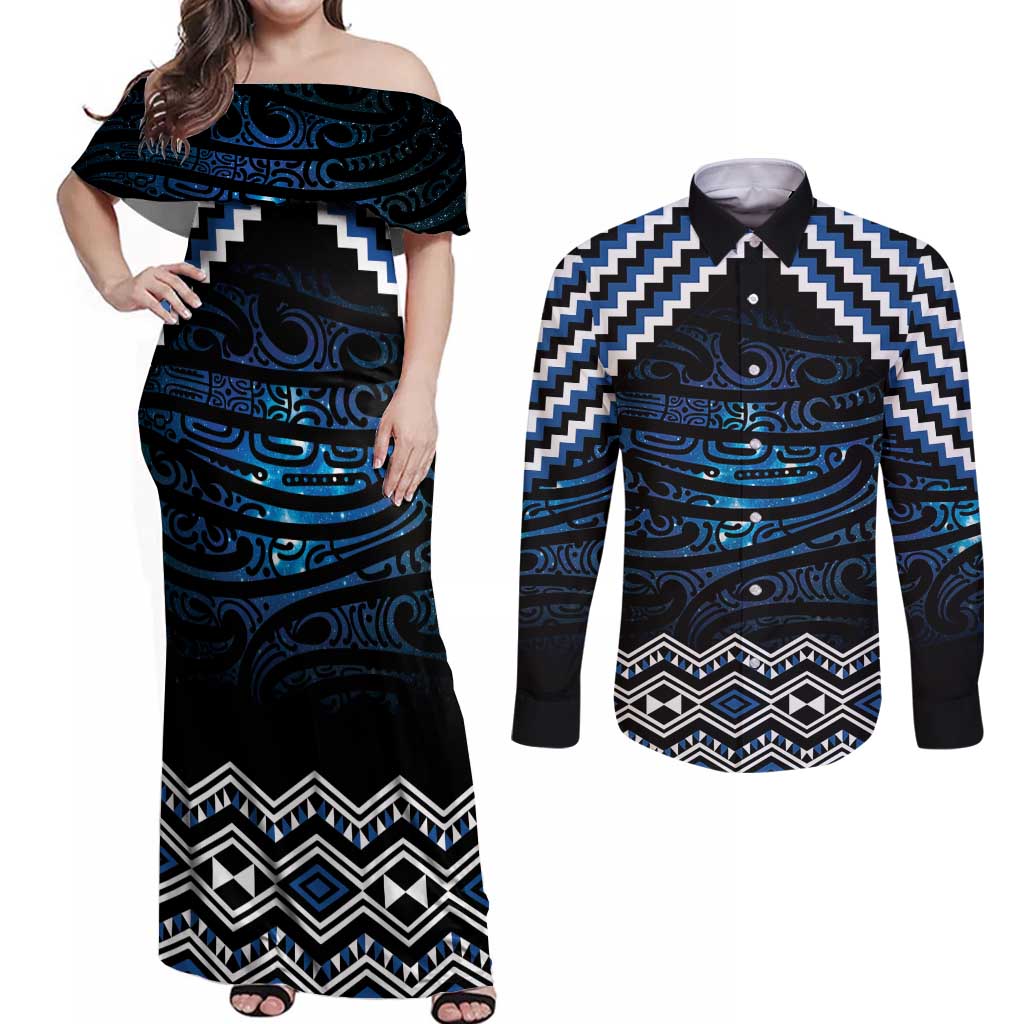 New Zealand Matariki Couples Matching Off Shoulder Maxi Dress and Long Sleeve Button Shirt Galaxy Styled Taniko
