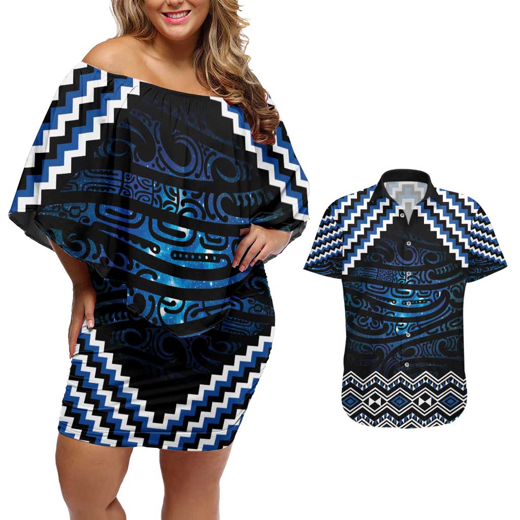 New Zealand Matariki Couples Matching Off Shoulder Short Dress and Hawaiian Shirt Galaxy Styled Taniko