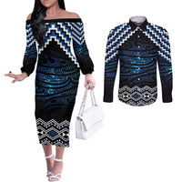 New Zealand Matariki Couples Matching Off The Shoulder Long Sleeve Dress and Long Sleeve Button Shirt Galaxy Styled Taniko