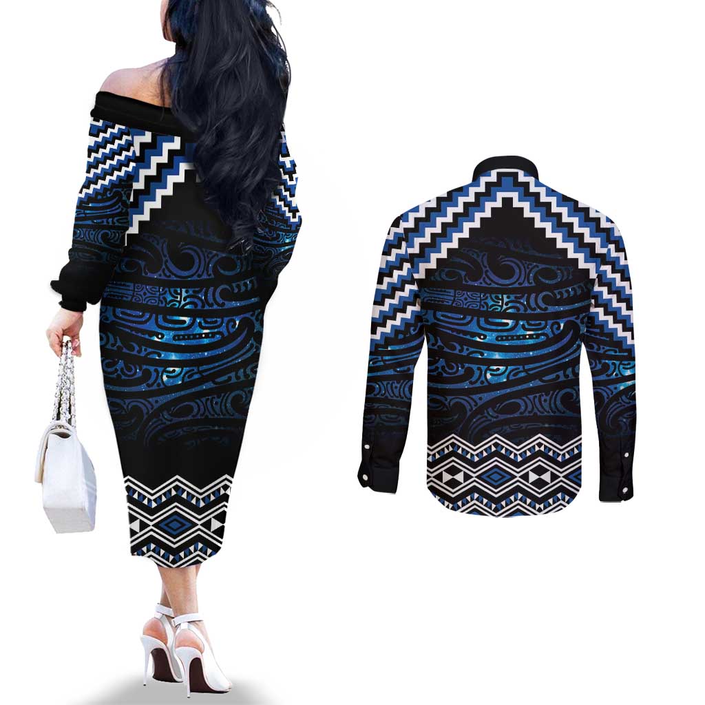 New Zealand Matariki Couples Matching Off The Shoulder Long Sleeve Dress and Long Sleeve Button Shirt Galaxy Styled Taniko
