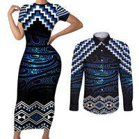 New Zealand Matariki Couples Matching Short Sleeve Bodycon Dress and Long Sleeve Button Shirt Galaxy Styled Taniko