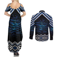New Zealand Matariki Couples Matching Summer Maxi Dress and Long Sleeve Button Shirt Galaxy Styled Taniko