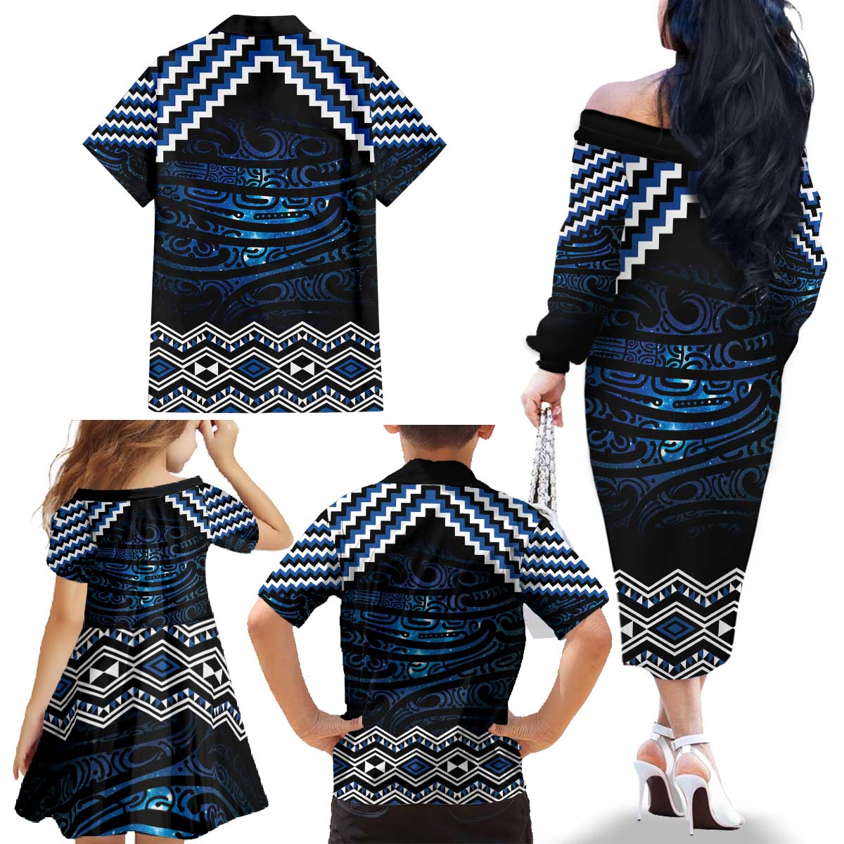 New Zealand Matariki Family Matching Off The Shoulder Long Sleeve Dress and Hawaiian Shirt Galaxy Styled Taniko